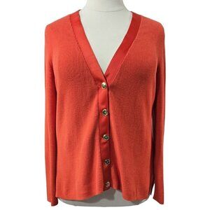 Talbots Orange Ribbon Trim V-Neck Button-Up Cardigan Colorful Preppy Vibrant